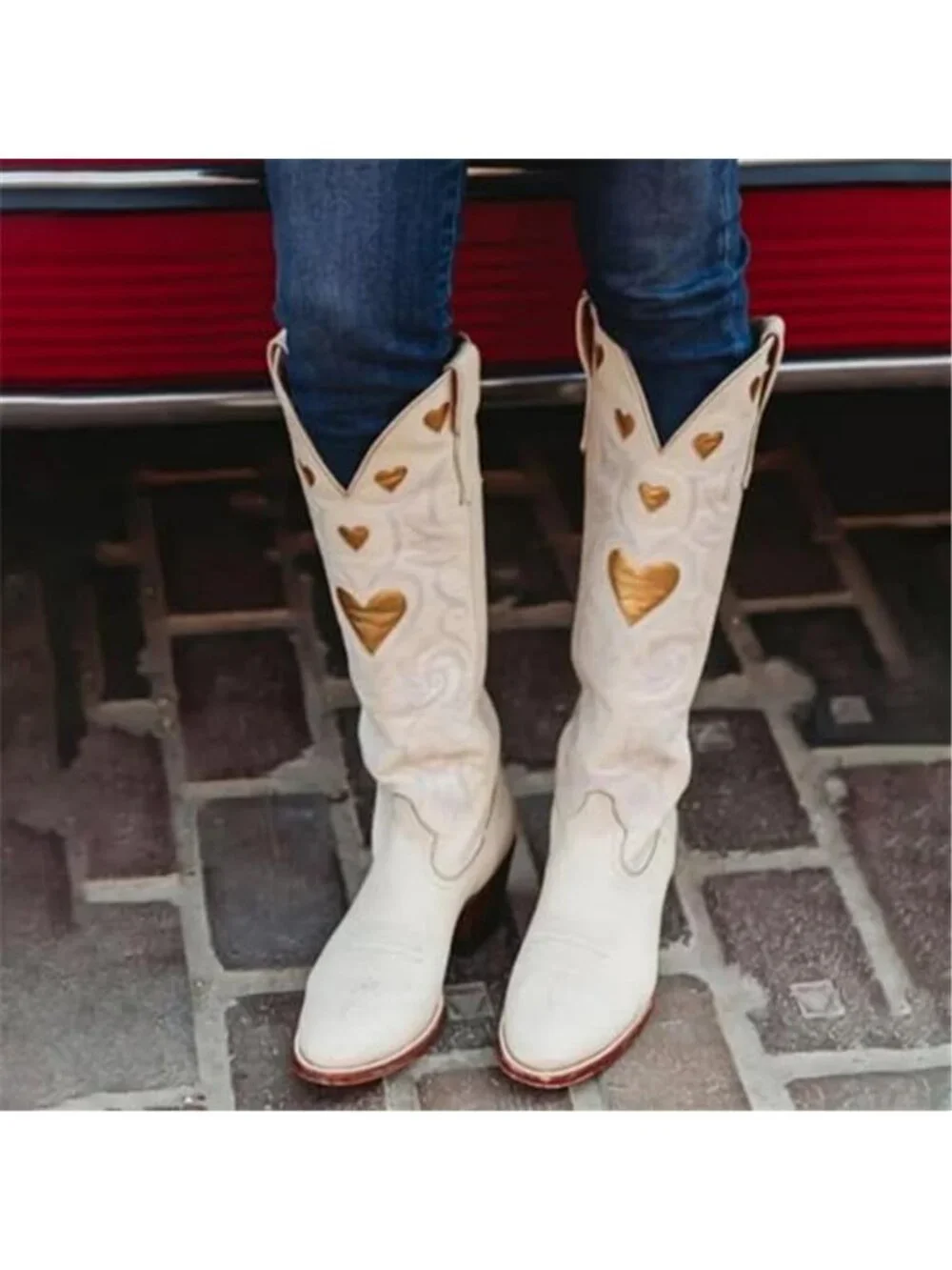 Knee High Boots for Women Heart Embroidered Western Boots Round Toe